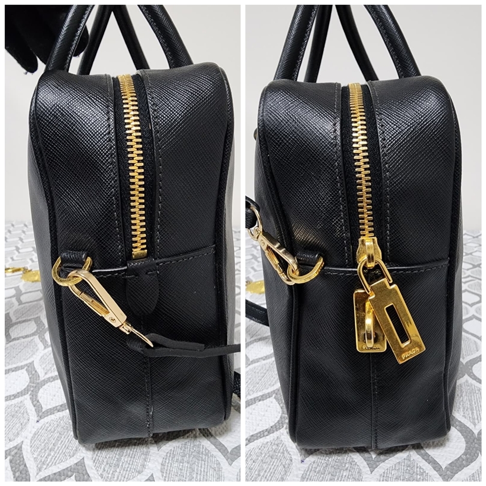 PRADA Saffiano Lux Leather Top Handle Bauletto Bag Black - Picture 10 of 16
